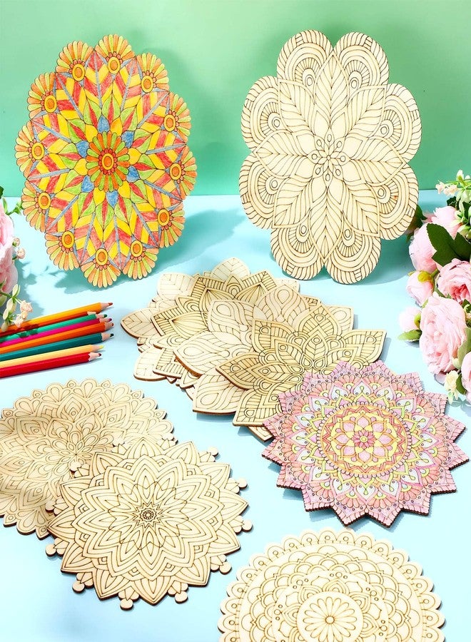Vercraft 28 Pcs Wooden Mandala Painting Set Diwali Crafts Include 10 Unfinished Wood Cutouts with 18 Colored Pencil for Making Kit Mandala Crafts for Painting DIY Home Decors(Floral Style) - Image 4